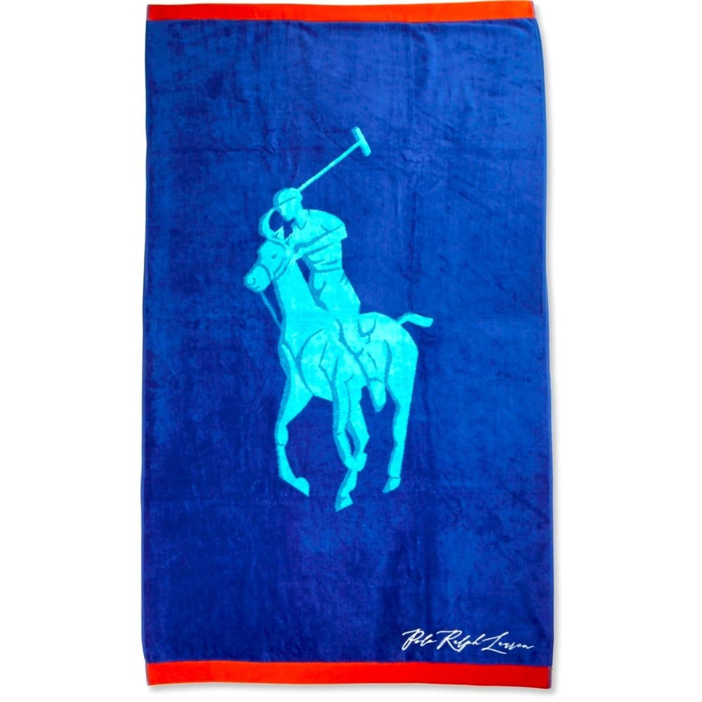 Polo Ralph Lauren Big Pony Navy Blue Turquoise Orange Cotton Velour Beach Towel